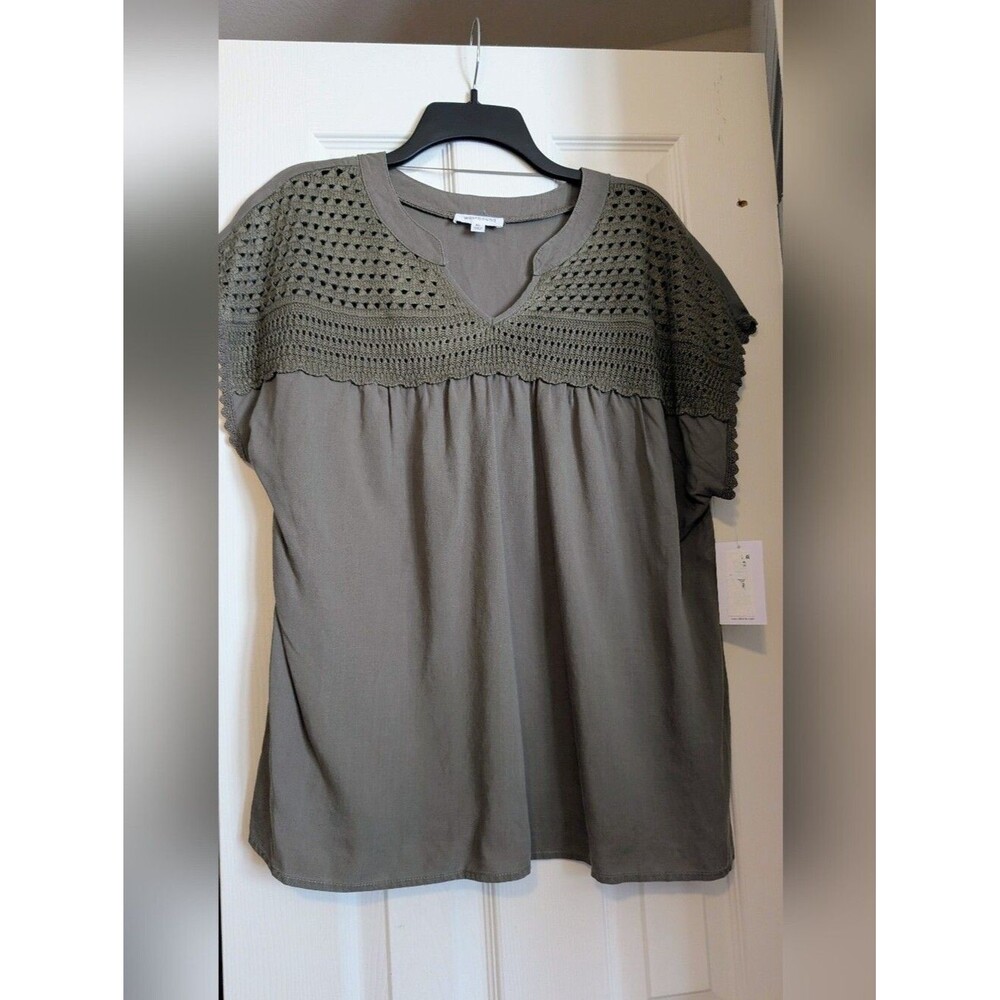 Westbound Olive Green Crochet Yoke Short Sleeve Blouse NWT Size XL